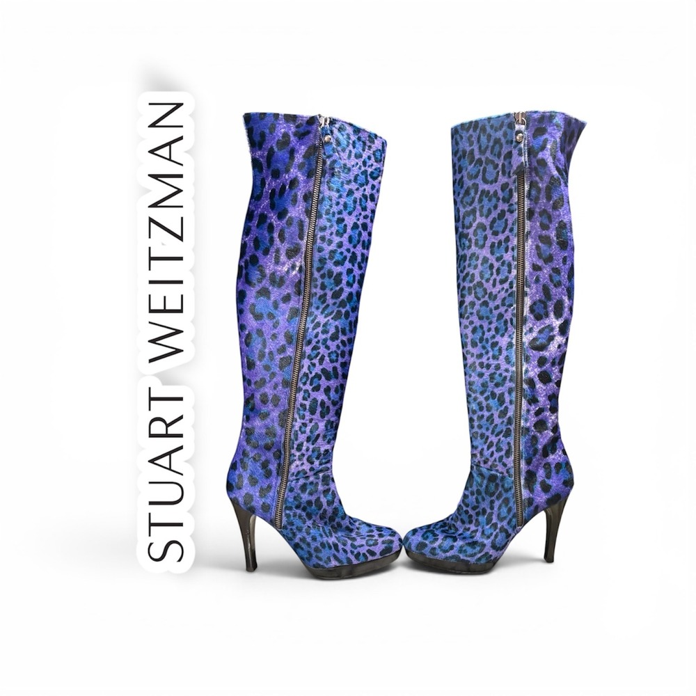 Stuart Weitzman Over The‎ Knee Boots Womens 6 Blue Purple Leopard Print